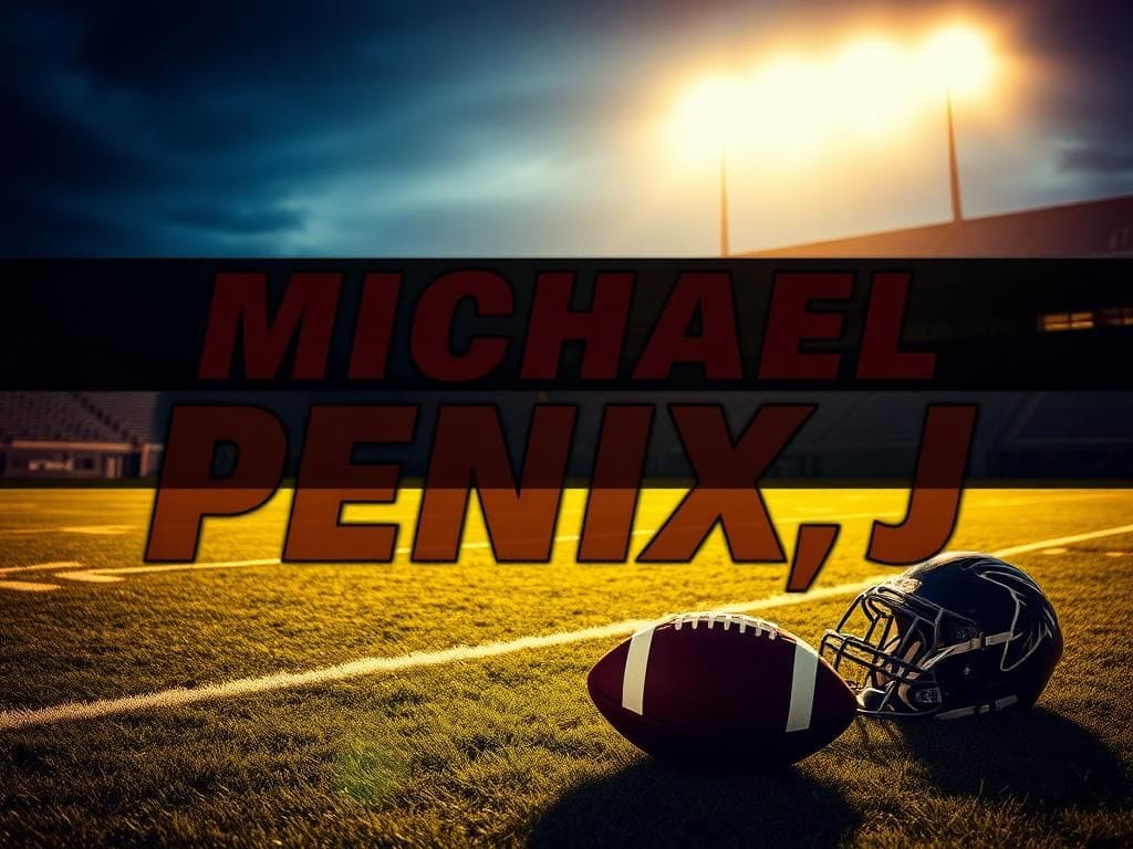 Flick International Football stadium scene at dusk with focus on illuminated field and Michael Penix Jr. banner