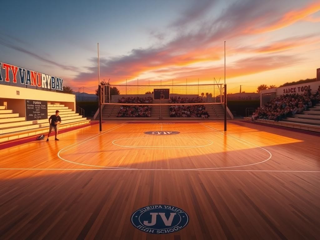 Flick International A serene volleyball court in California at sunset, with an empty net and banners in the background.