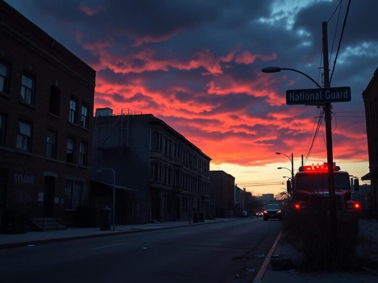 Flick International A deserted Baltimore street with a parked National Guard vehicle at dusk