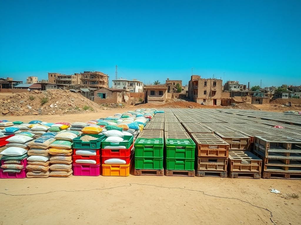 Flick International A makeshift humanitarian aid distribution center in northern Gaza filled with food supplies.