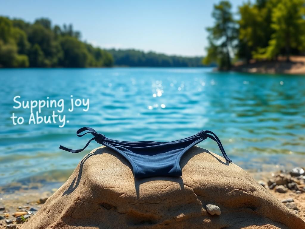 Flick International Stylish navy string bikini laid out on a rock by a serene lake