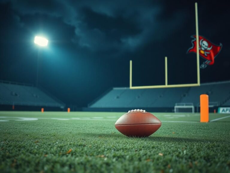 Flick International Empty football field at night with a football on the turf under stadium lights