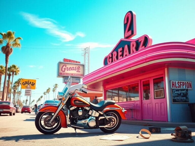 Flick International A vibrant scene from a retro 1980s film set featuring a classic motorcycle and a vintage diner.
