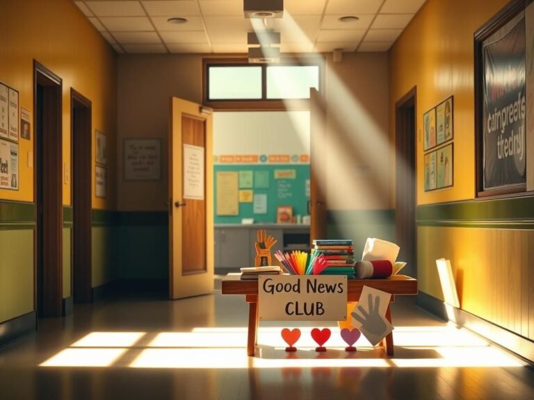 Flick International Dimly lit school hallway with open door to a vibrant classroom decorated for Good News Club