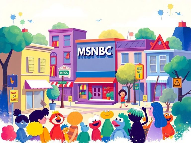 Flick International Colorful illustration of a whimsical neighborhood reminiscent of 'Sesame Street' with a friendly-looking MSNBC news station