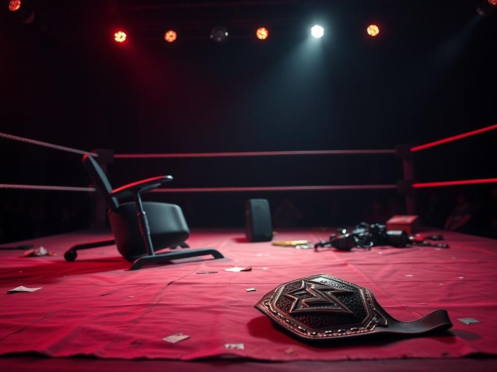 Flick International Intense pro wrestling scene with a dramatic spotlight highlighting a tattered wrestling mat