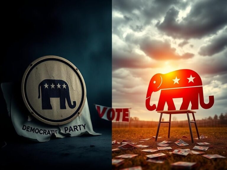 Flick International A split scene showing a fading Democratic Party emblem contrasted with a vibrant Republican elephant symbol