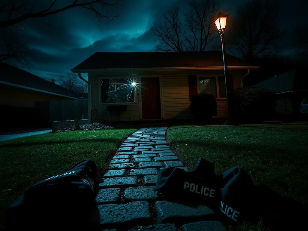 Flick International Dimly lit street scene showing a single-family home following a violent altercation involving impersonated police officers.