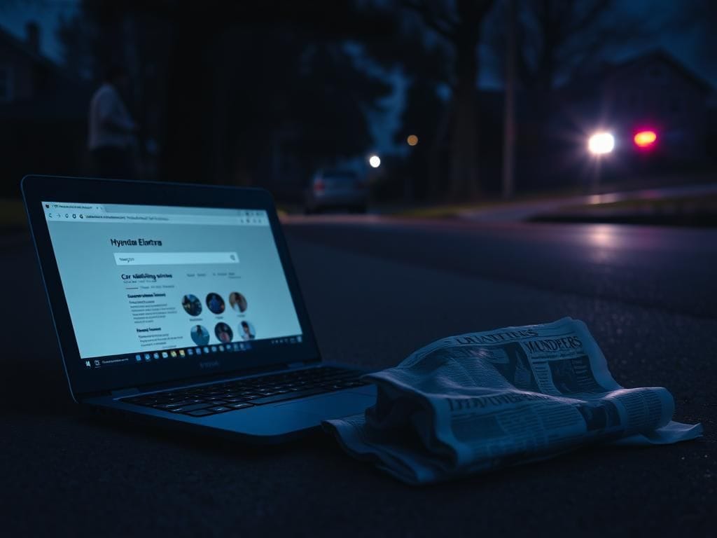 Flick International Close-up view of a white Hyundai Elantra parked on a dimly lit residential street.