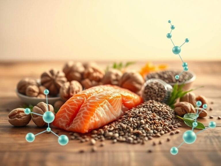Flick International Close-up of omega-3 sources including salmon, walnuts, chia seeds, and flaxseeds on a wooden table