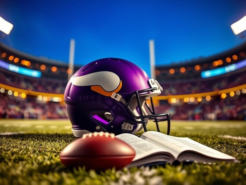 Flick International Minnesota Vikings helmet in foreground with football field background