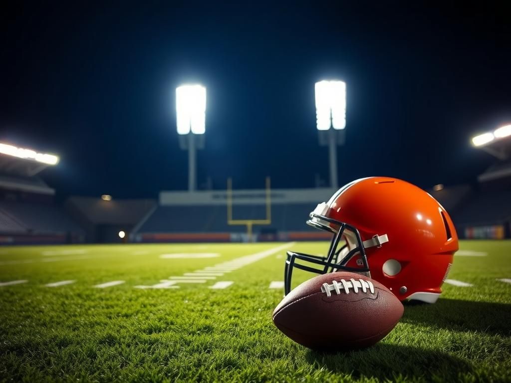 Flick International A Cleveland Browns helmet and football on a dimly lit football field at night