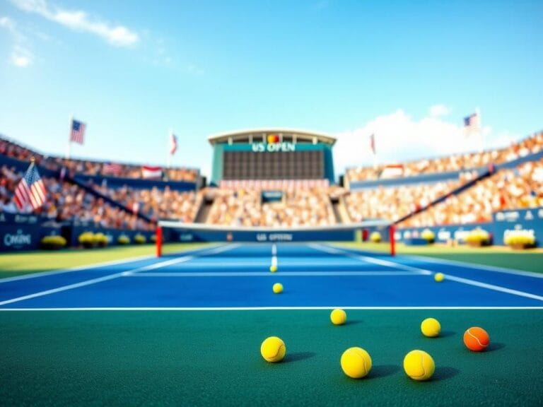 Flick International Vibrant tennis court scene at the US Open with American flags and banners