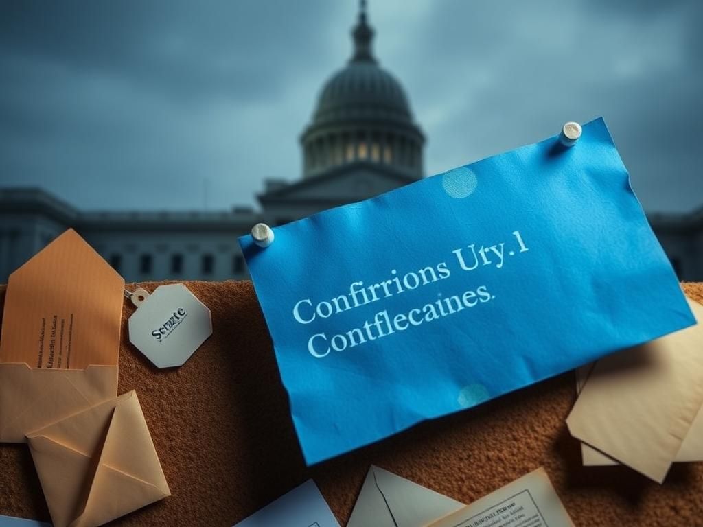 Flick International Close-up view of a weathered blue slip pinned to a corkboard, symbolizing the Senate confirmation process