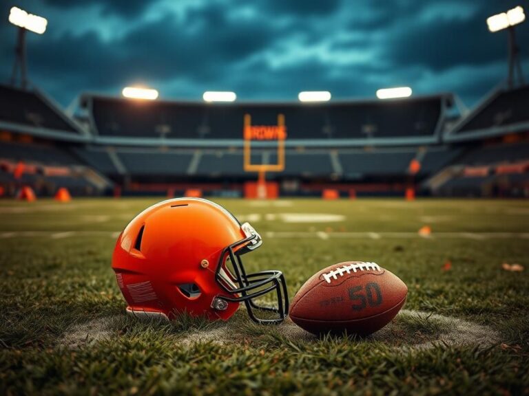 Flick International Cleveland Browns helmet resting in the grass on a football field post-game