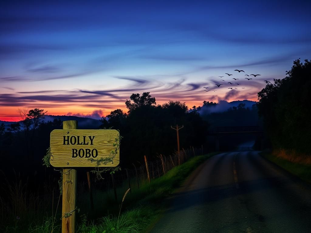 Flick International A serene rural landscape at dusk with a signpost named 'Holly Bobo' partially covered in vines.
