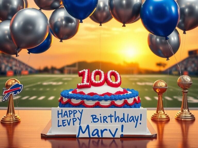 Flick International A beautifully decorated birthday cake for Marv Levy's 100th birthday celebration, featuring blue and red frosting, surrounded by football trophies.