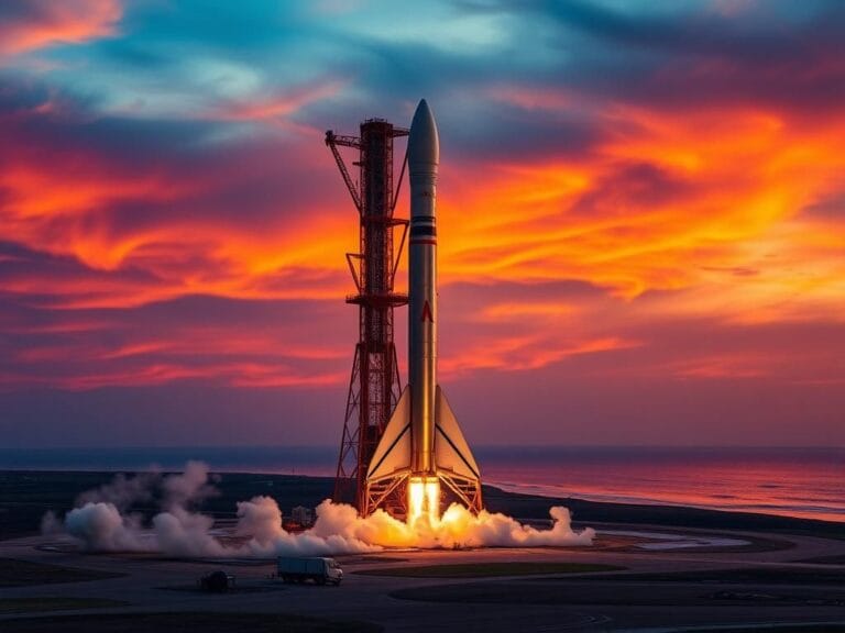 Flick International SpaceX's Starship rocket on a Texas launchpad at sunset