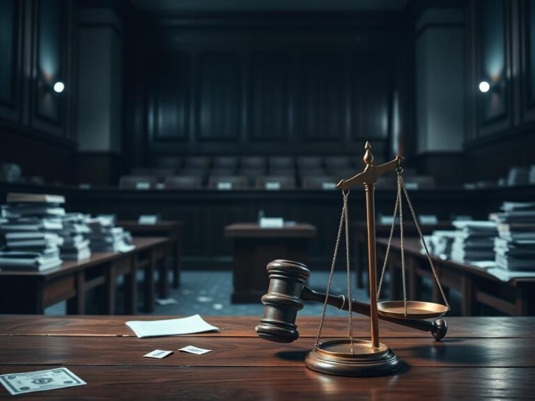 Flick International A dramatic courtroom scene with empty benches and a prominently placed gavel symbolizing legal judgment