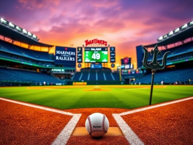 Flick International T-Mobile Park during a twilight baseball game showcasing an empty diamond and visible Mariners colors