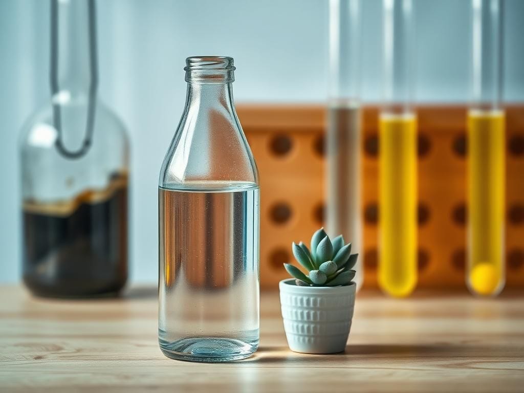 Flick International Clear glass bottle filled with water and a potted succulent on a wooden surface