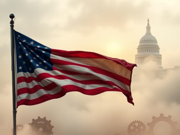 Flick International An abstract blend of American symbols with a weathered American flag billowing in the foreground