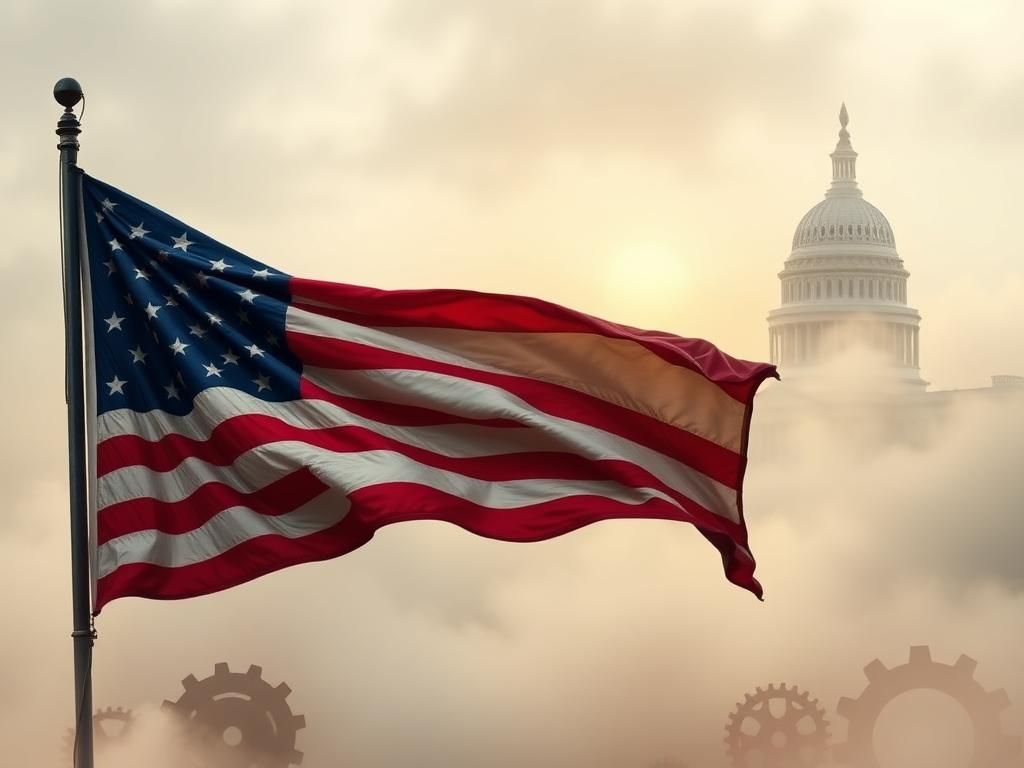 Flick International An abstract blend of American symbols with a weathered American flag billowing in the foreground