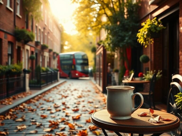 Flick International Cozy London street in autumn with charming townhouses and a double-decker bus