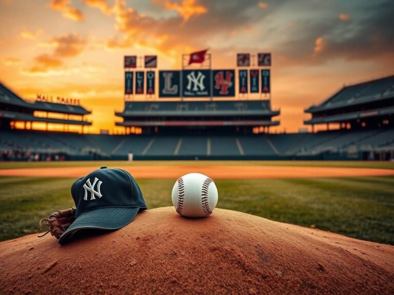 Flick International A vintage baseball diamond at sunset with an empty pitcher's mound and a baseball on it