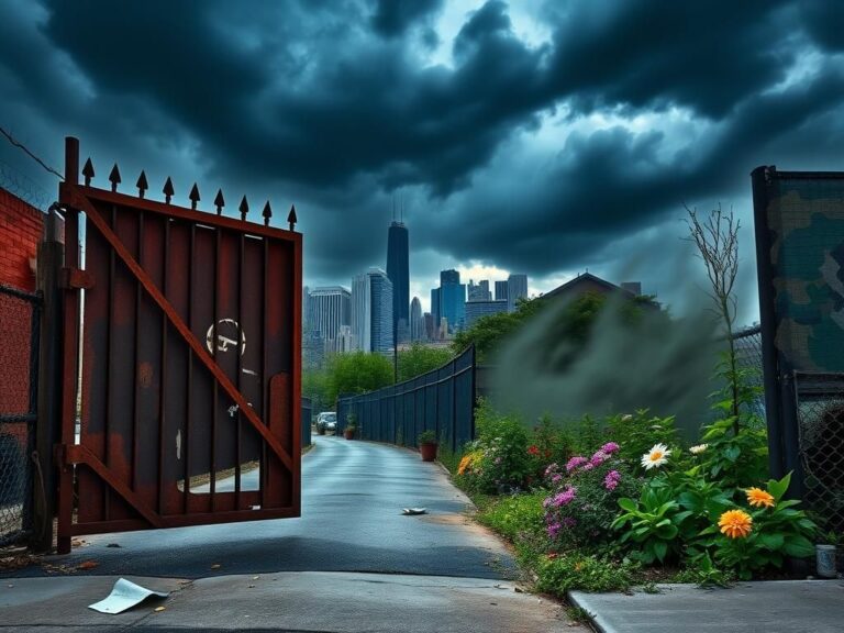 Flick International A dark, stormy sky over the Chicago skyline with a rusted gate opening to a deserted street