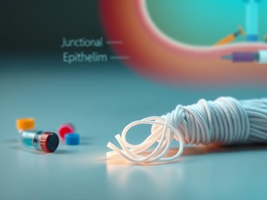 Flick International Close-up of unwaxed dental floss surrounded by abstract vaccine components