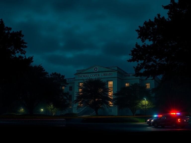 Flick International Exterior view of the Thomas Cooper Library illuminated by emergency lights during lockdown
