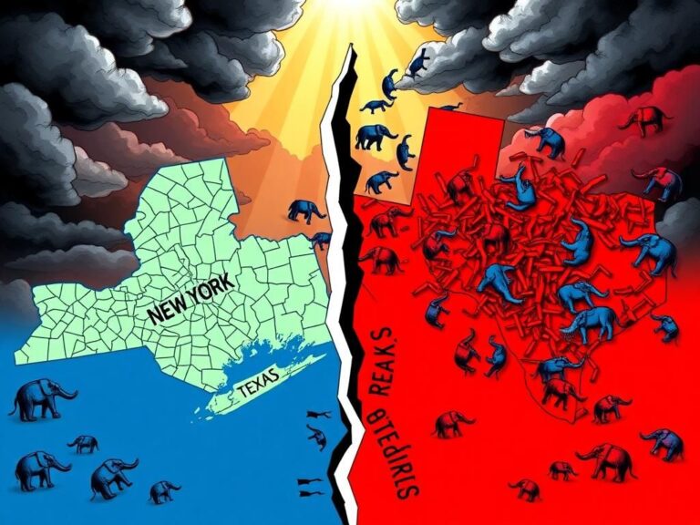 Flick International dynamic illustration of a divided map showing New York and Texas redistricting strategies