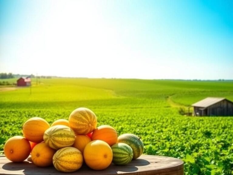 Flick International Vibrant farmland scene showcasing lush green melon fields and ripe melons on a rustic wooden table