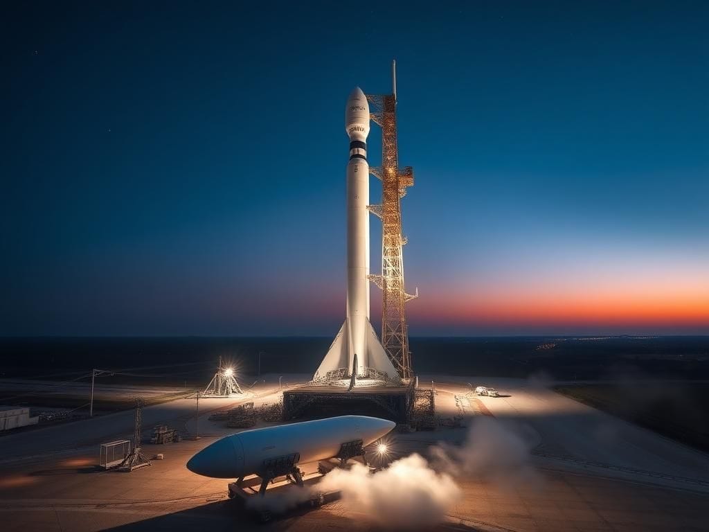 Flick International SpaceX Starship rocket illuminated on launch pad at dusk