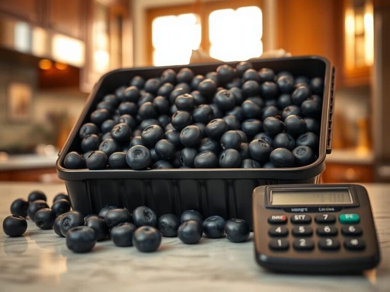 Flick International Close-up of luxurious oversized blueberries in a black container on a marble countertop