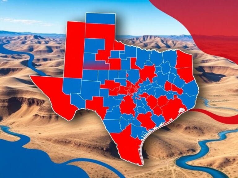 Flick International Detailed map of Texas showcasing redistricted boundaries in contrasting red and blue colors.