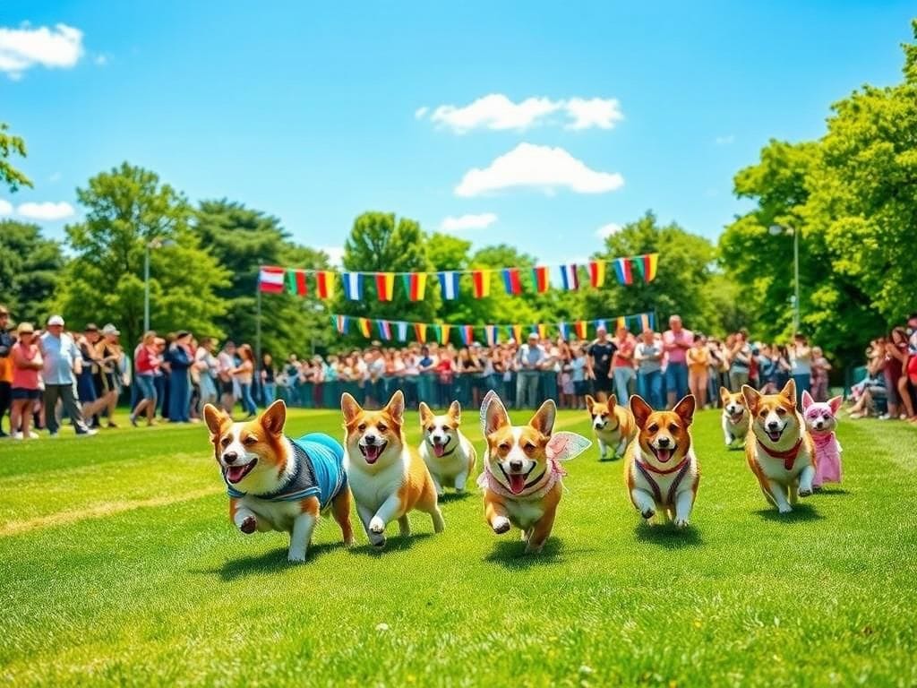 Flick International A vibrant corgi racing scene at a competition in Vilnius, Lithuania, featuring colorful costumes and energetic dogs.