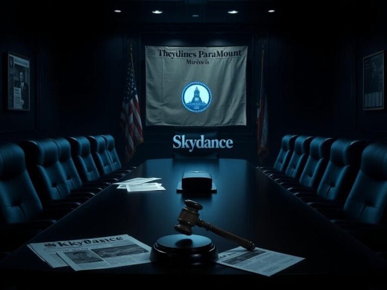 Flick International Dark, moody corporate office setting with a large conference table, an American flag, and a faded newspaper about the Skydance and Paramount merger.