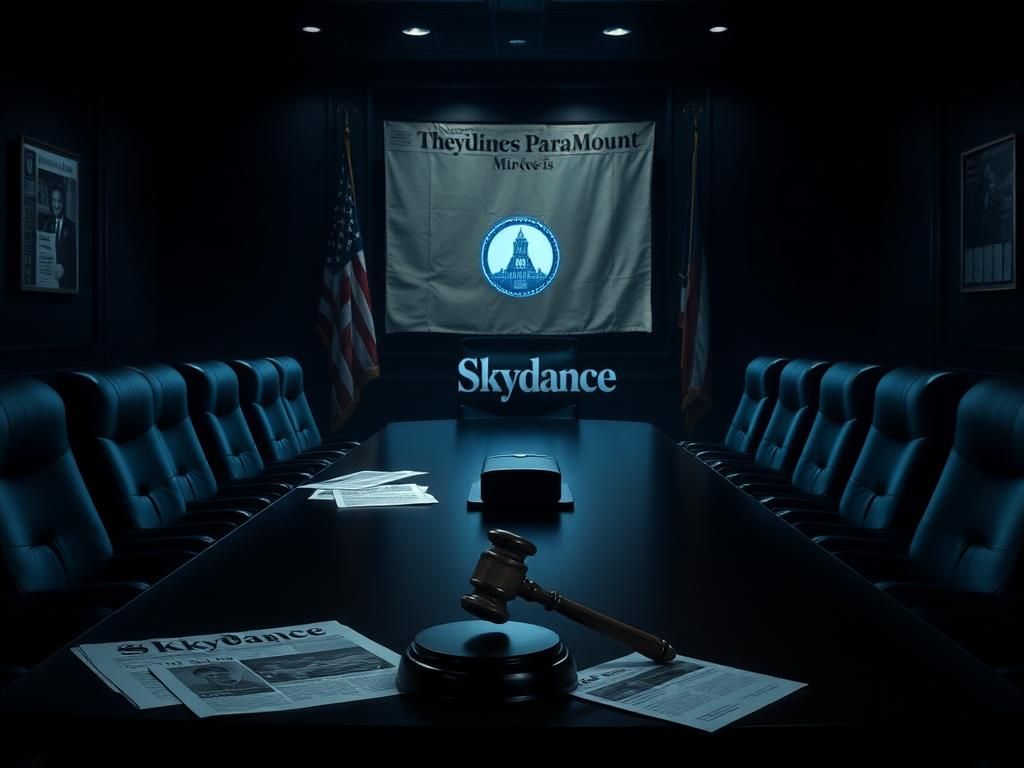 Flick International Dark, moody corporate office setting with a large conference table, an American flag, and a faded newspaper about the Skydance and Paramount merger.