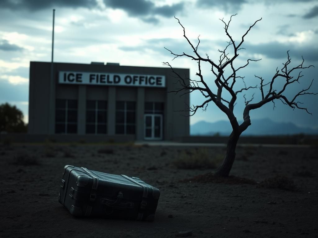 Flick International Abandoned suitcase in front of an ICE Field Office signifying the struggles of immigration