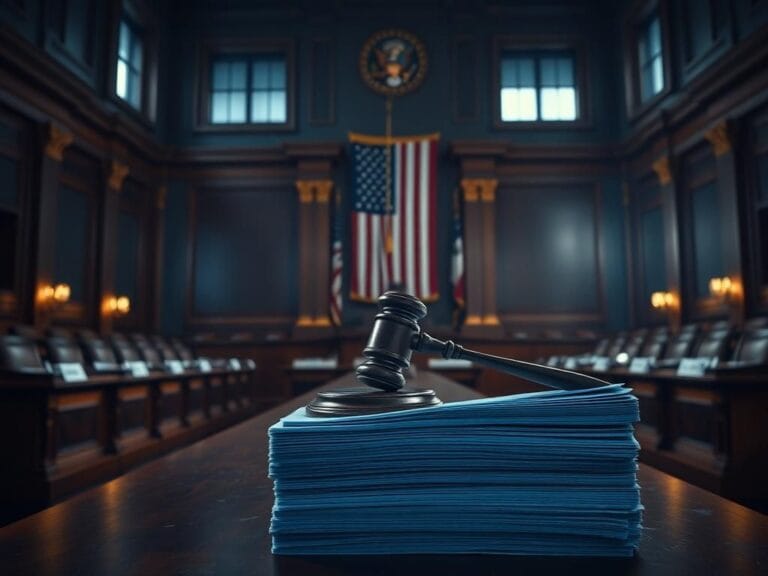 Flick International Interior view of a dramatic legislative chamber with a long wooden table, gavel, and stacks of documents