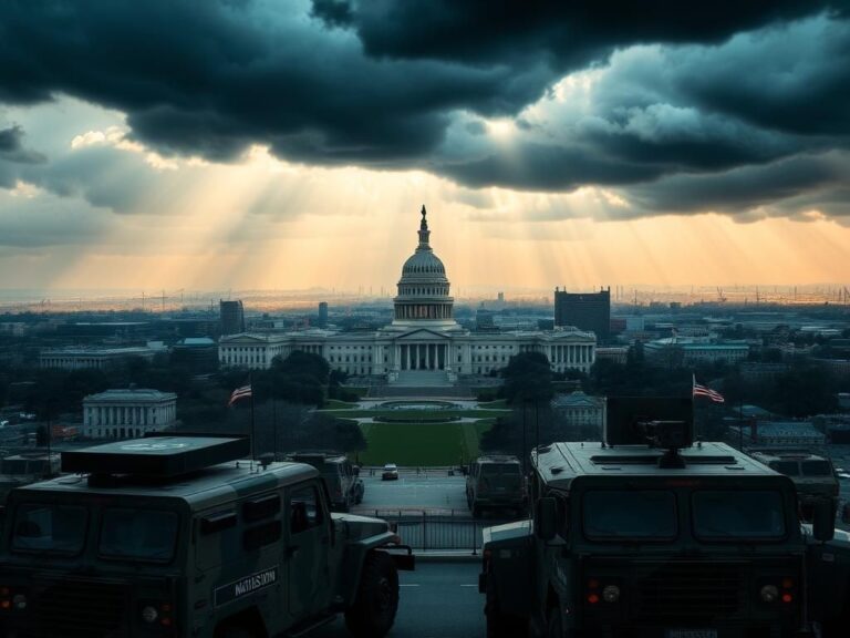 Flick International Aerial view of Washington D.C. with National Guard vehicles and iconic landmarks