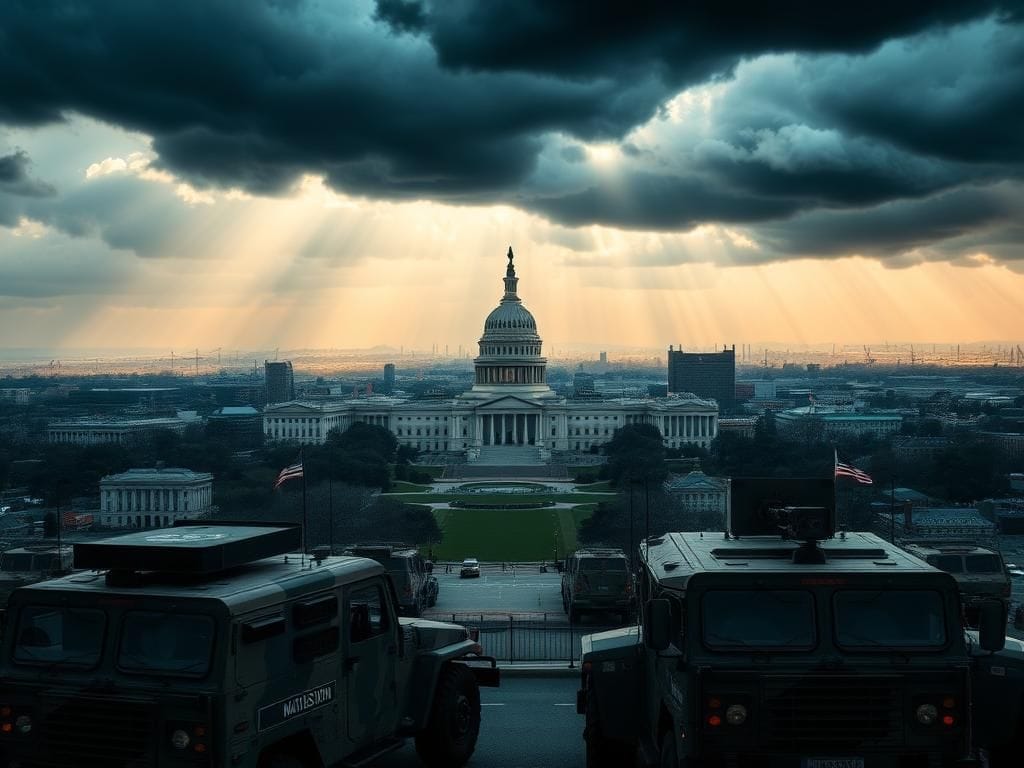 Flick International Aerial view of Washington D.C. with National Guard vehicles and iconic landmarks