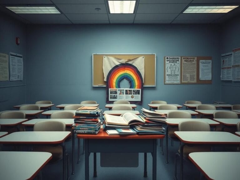 Flick International Empty classroom with cluttered teacher's desk and controversial educational materials