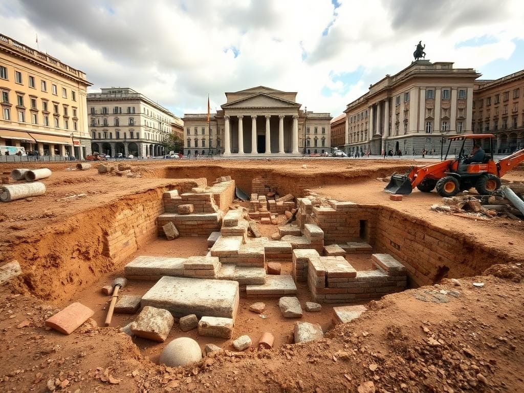 Flick International Uncovered ruins of a multi-story ancient Roman apartment building amid subway construction in Piazza Venezia.