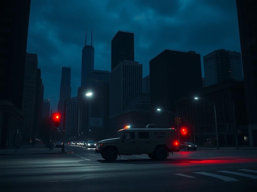 Flick International Dark urban landscape in Chicago at dusk with National Guard vehicle