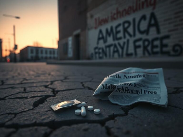 Flick International A desolate urban street at dusk symbolizing the fentanyl crisis, featuring an empty pill pack and a crumpled news article.