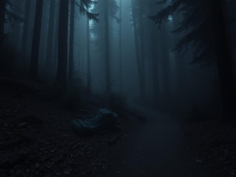 Flick International Eerie forest scene at dusk near Pacific Crest Trail with mist and shadows