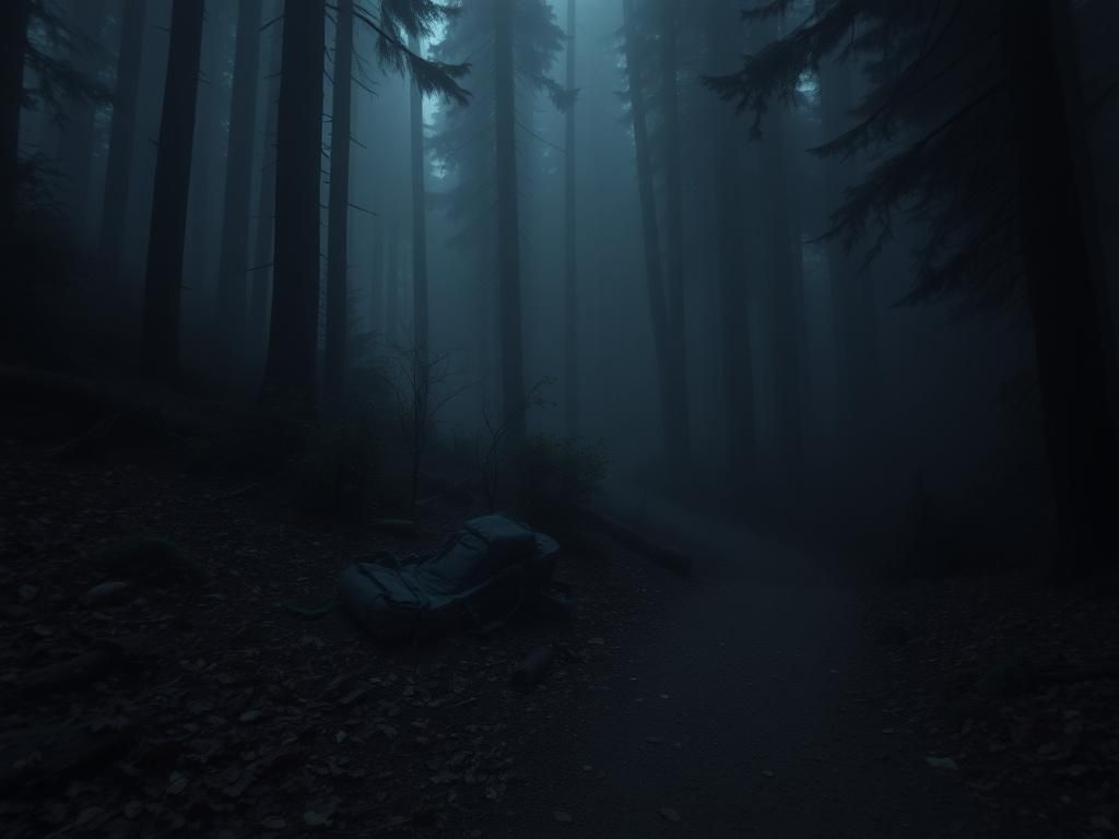 Flick International Eerie forest scene at dusk near Pacific Crest Trail with mist and shadows